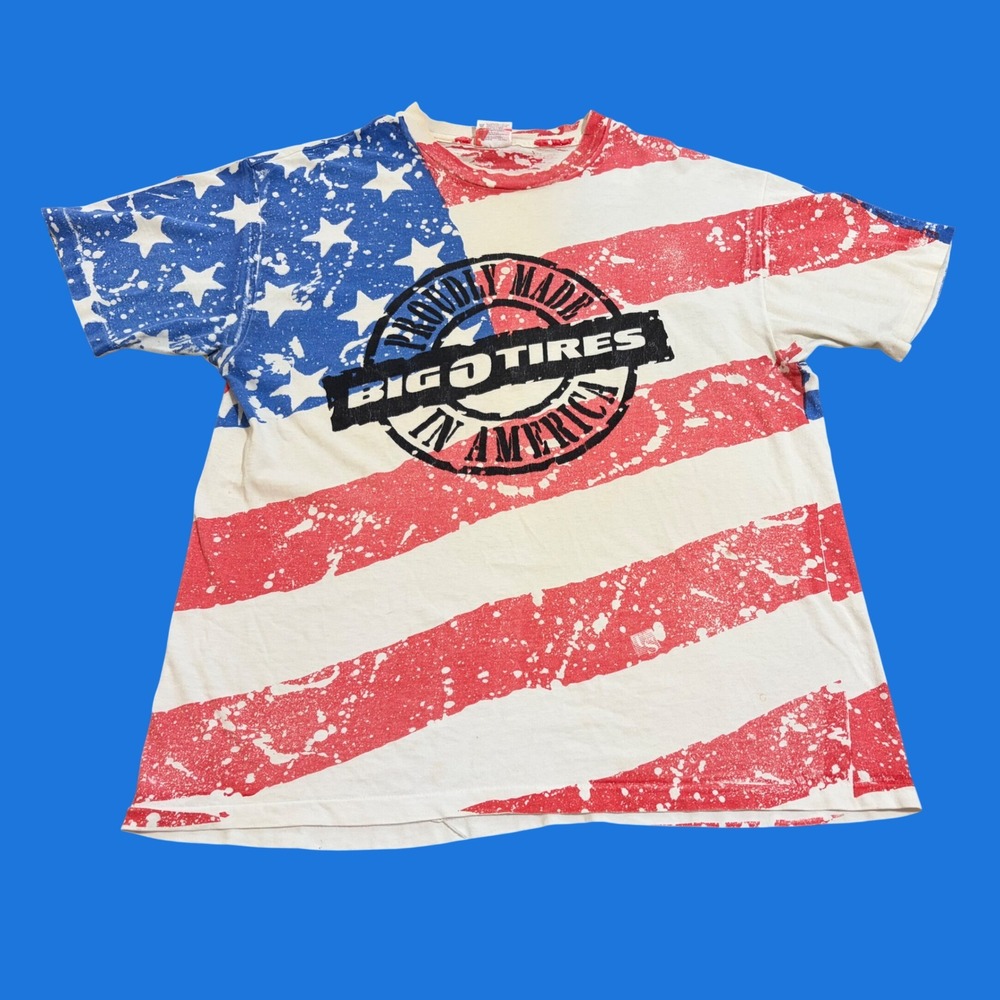 Vintage Hanes Big O Tires American Flag T-Shirt XL Made in USA Single Stitch
